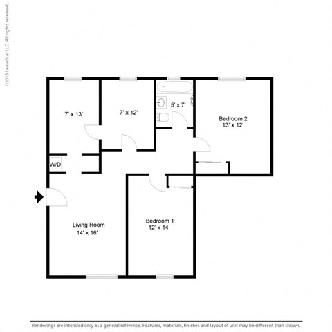 Floor plan for 2 beds, 1 bath, 761 sqft